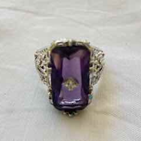 Large  Silver Tone Clear Purple Stone Ring with CZ Accent / Antique Reproduction - Picture 2 of 14